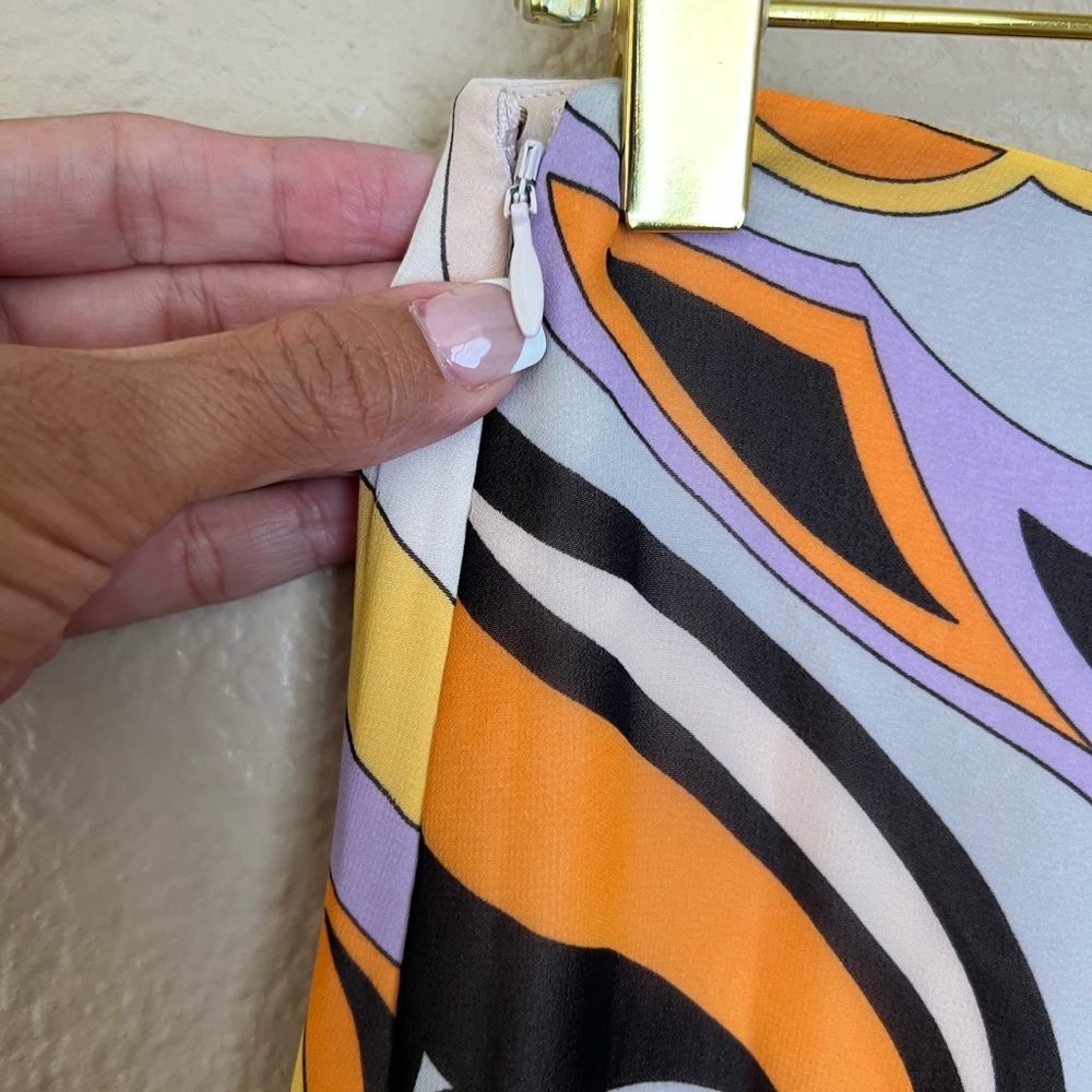 Marciano Orange and Purple Abstract High Low Pleated Flowy Maxi Skirt Size S - Picture 6 of 15
